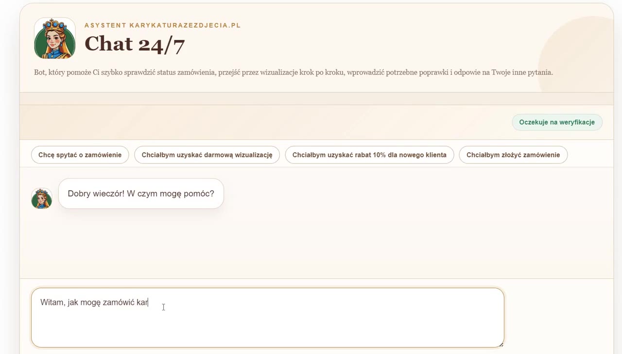 Chat 24/7 z ChatGPT osadzony w sklepie internetowym jako asystent zamówień