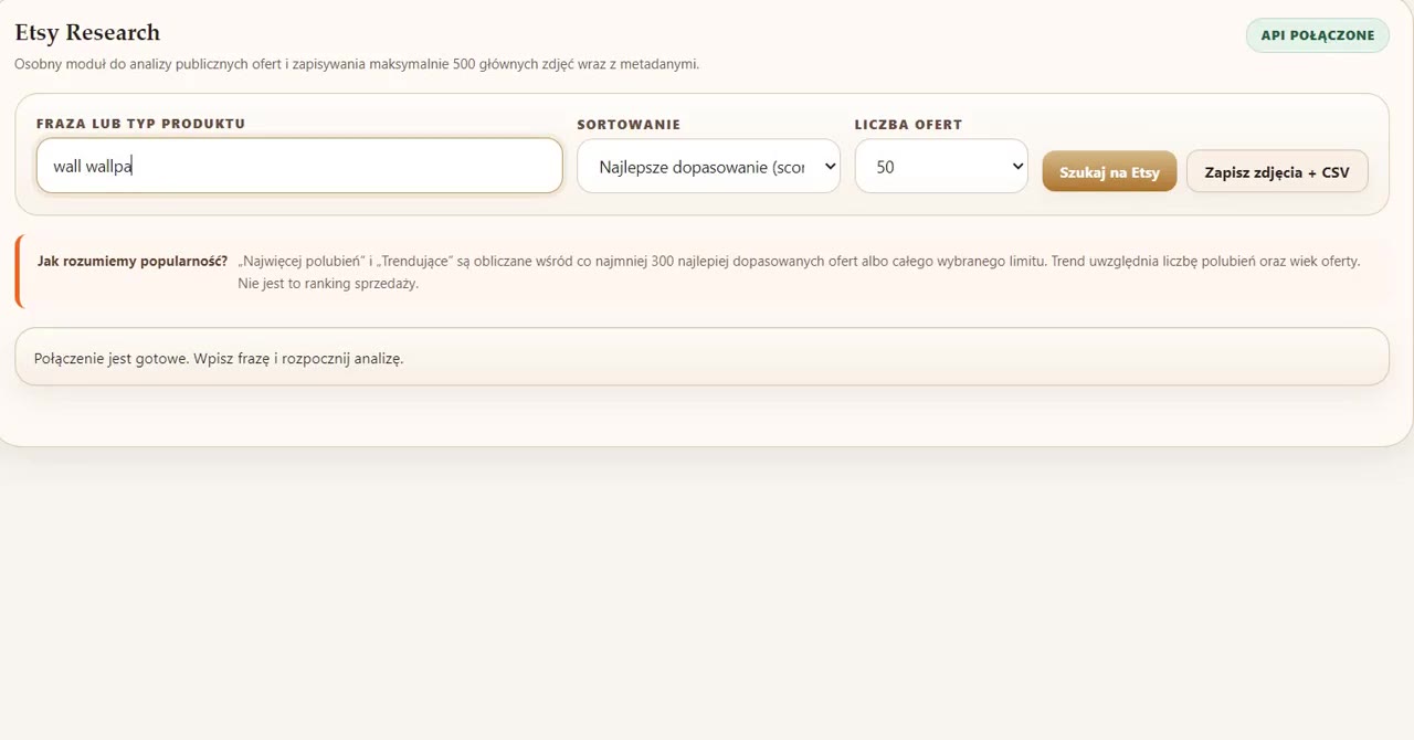 Moduł Etsy Research AI do szukania inspiracji i generowania produktów e-commerce