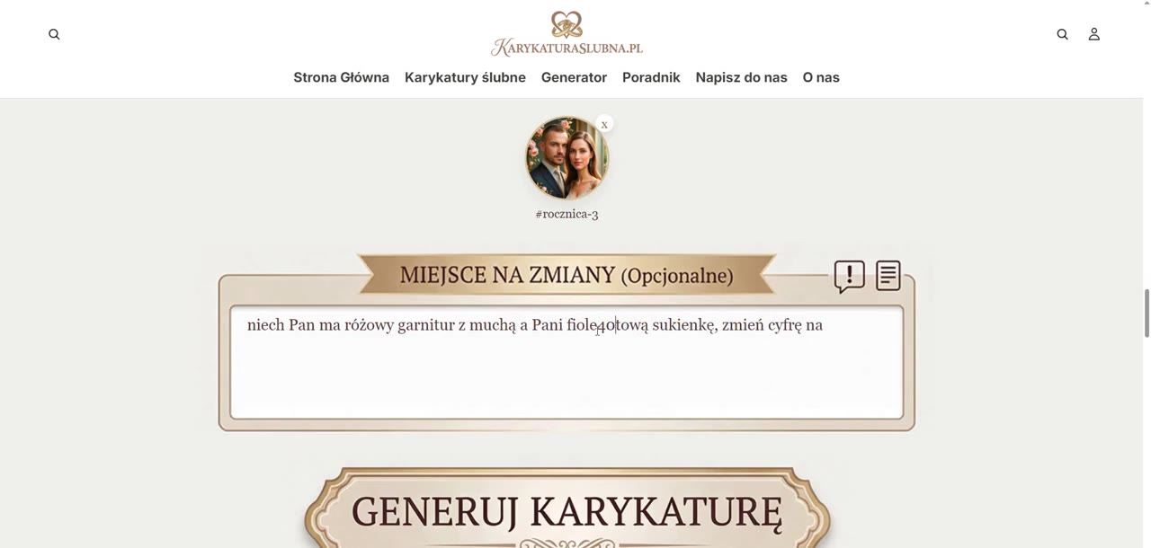 Generator karykatur ślubnych z polem na wytyczne klienta i przyciskiem generowania