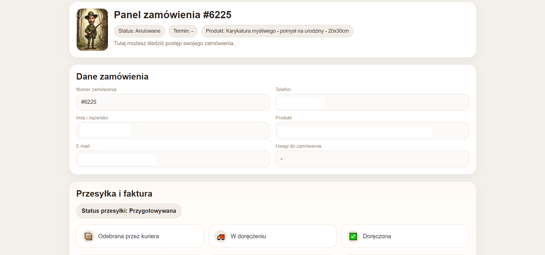 Panel klienta z danymi zamówienia, statusem przesyłki i sekcją faktury