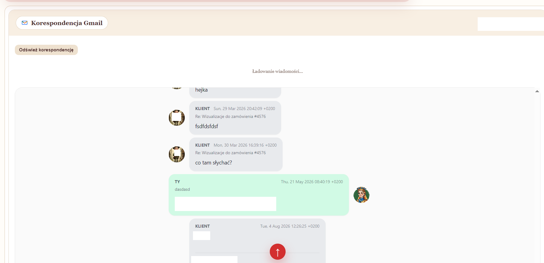 Korespondencja Gmail w panelu zamówień z wiadomościami klienta i operatora